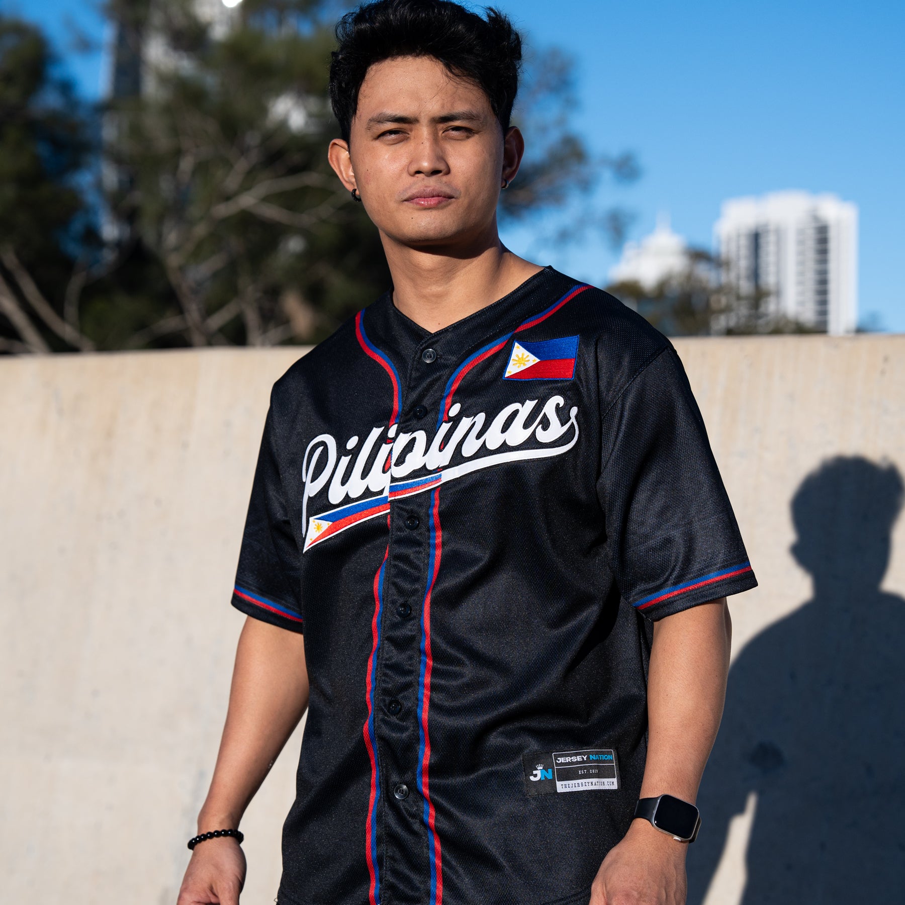 Philippines Heritage Black Custom Baseball Jersey Model Photo