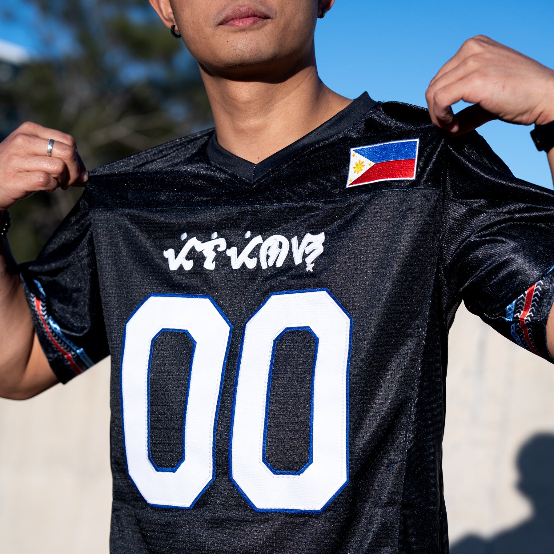 Philippines Heritage Custom Black American Football Jersey Closeup