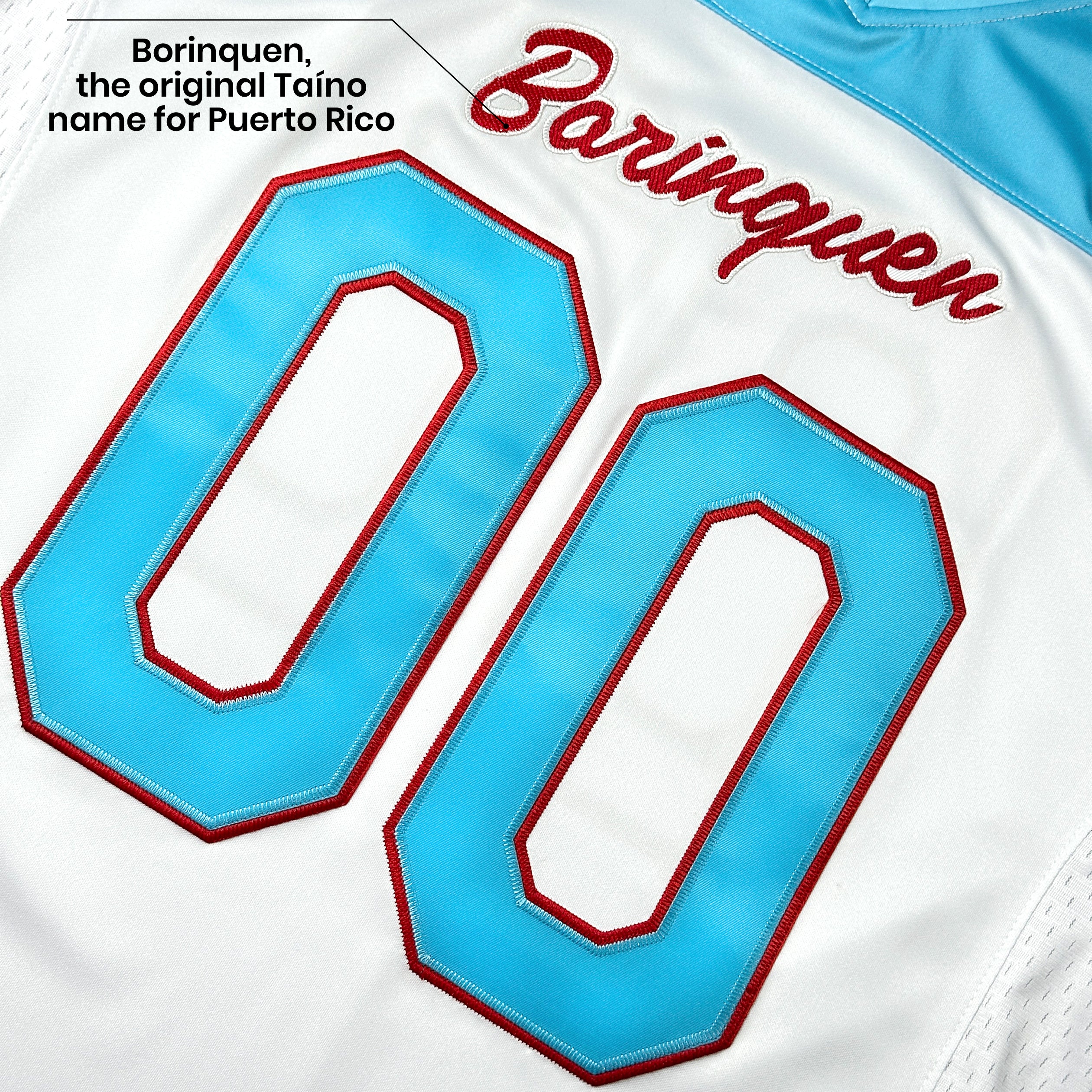 Puerto Rico Borinquen Heritage Azul Celeste Custom American Football Jersey Embroidered Closeup Front