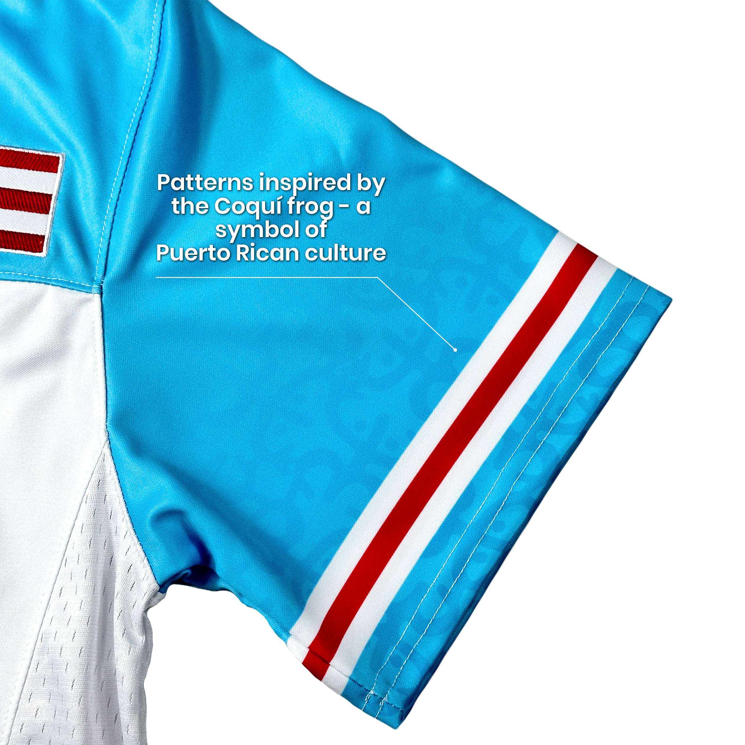 Puerto Rico Borinquen Heritage Azul Celeste Custom American Football Jersey Embroidered Sleeves Coqui Frog Details