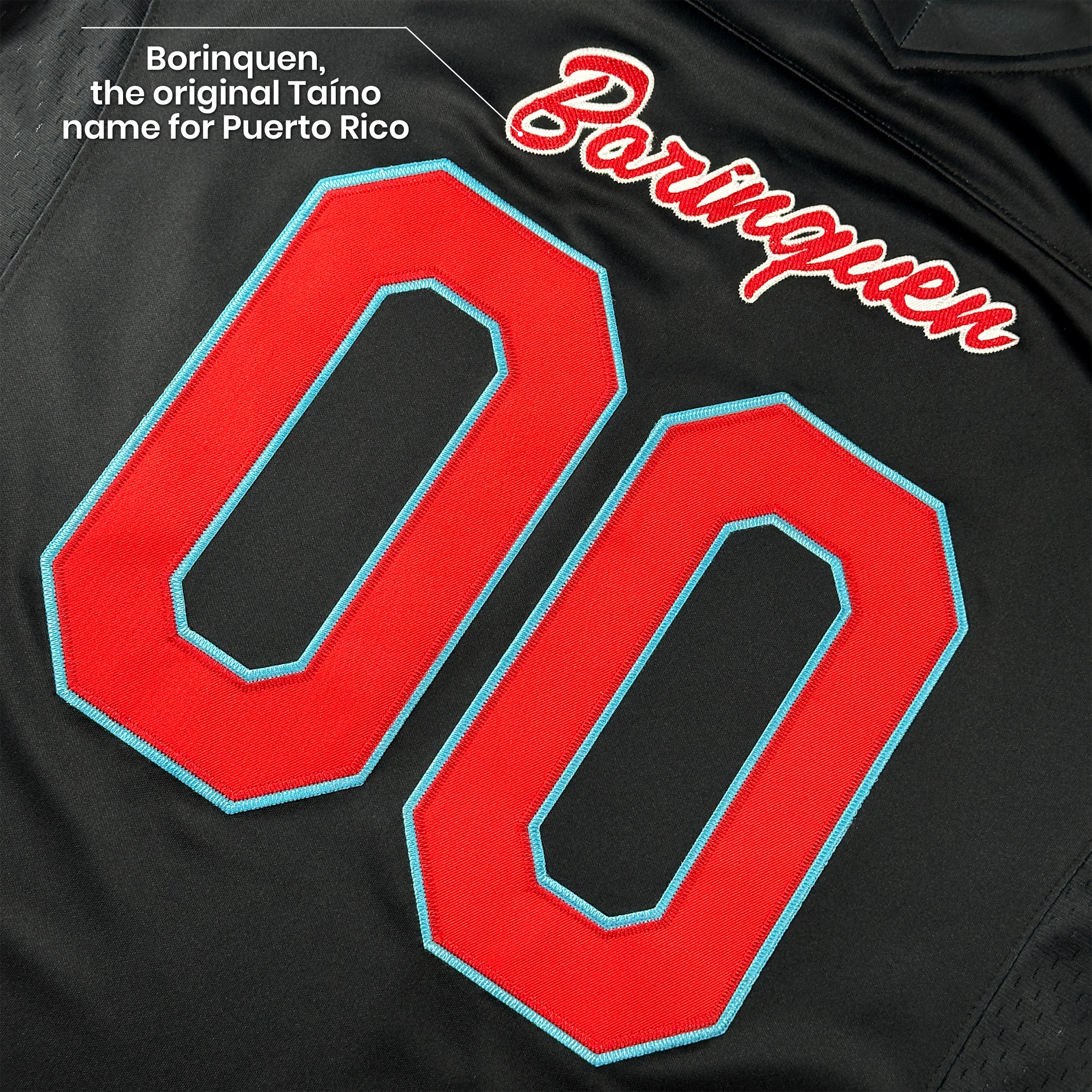 Puerto Rico Borinquen Heritage Black Azul Celeste Custom American Football Jersey Embroidered Closeup Front