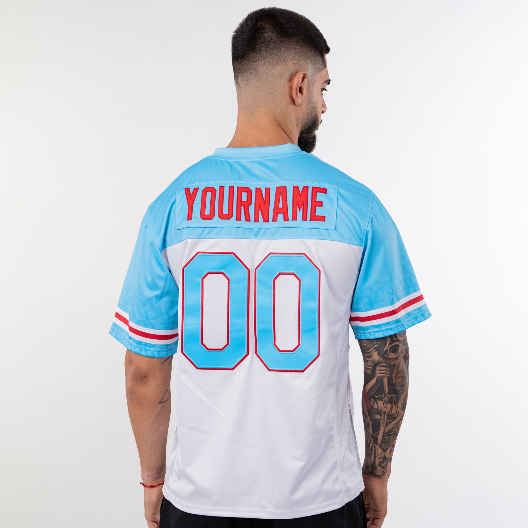 Puerto Rico Borinquen Heritage Custom American Football  Azul Celeste Jersey Model Back Customized
