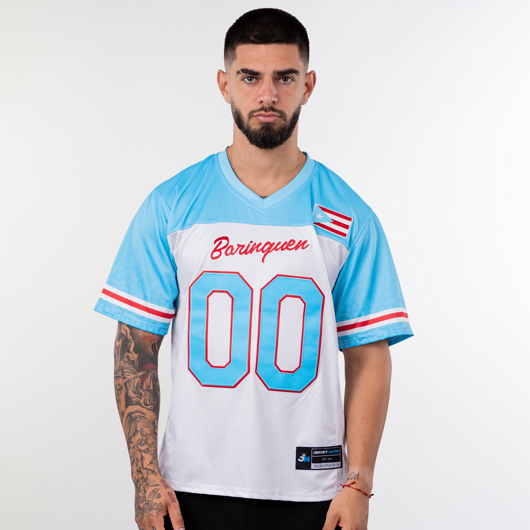 Puerto Rico Borinquen Heritage Custom American Football  Azul Celeste Jersey Model Front