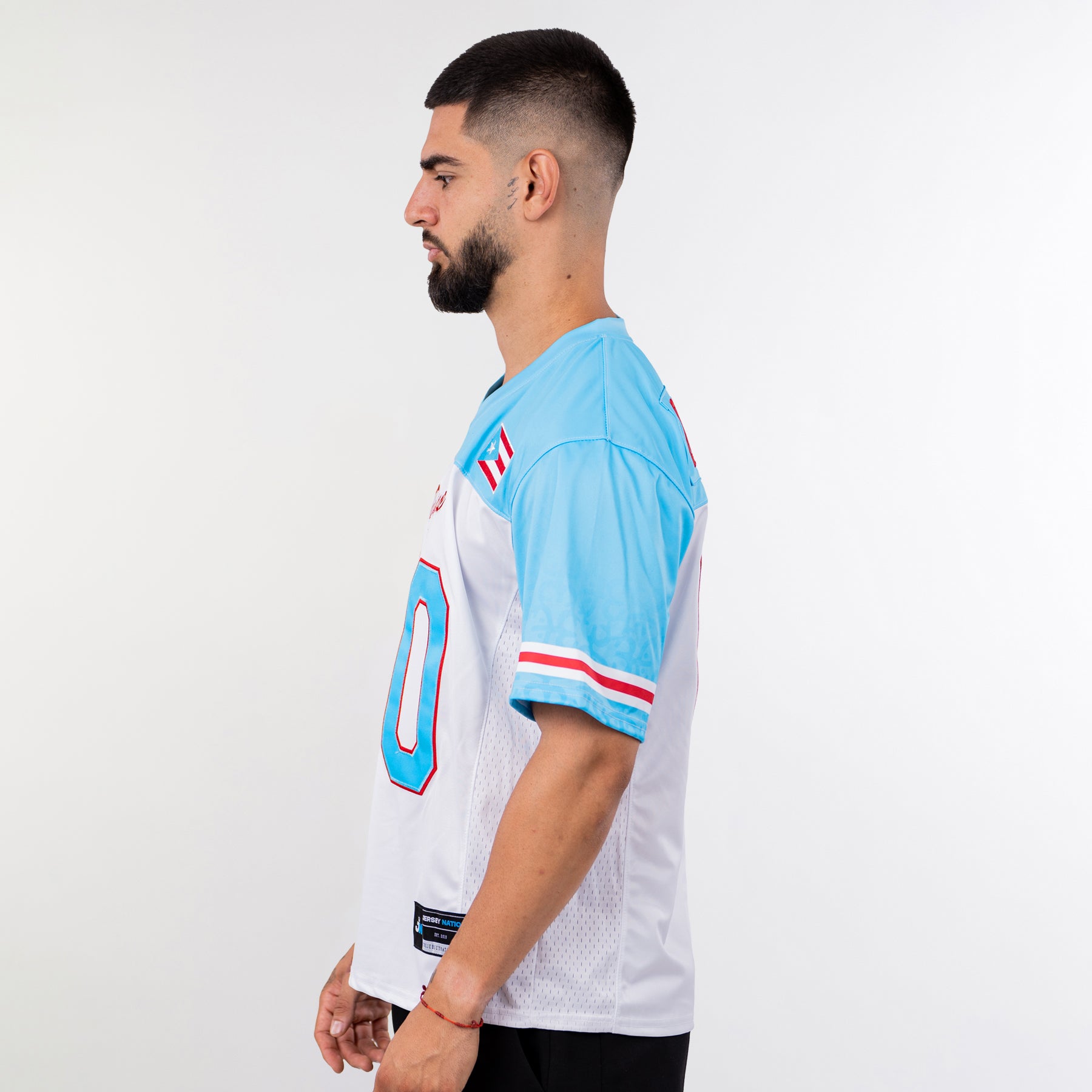 Puerto Rico Borinquen Heritage Custom American Football  Azul Celeste Jersey Model Side Sleeves