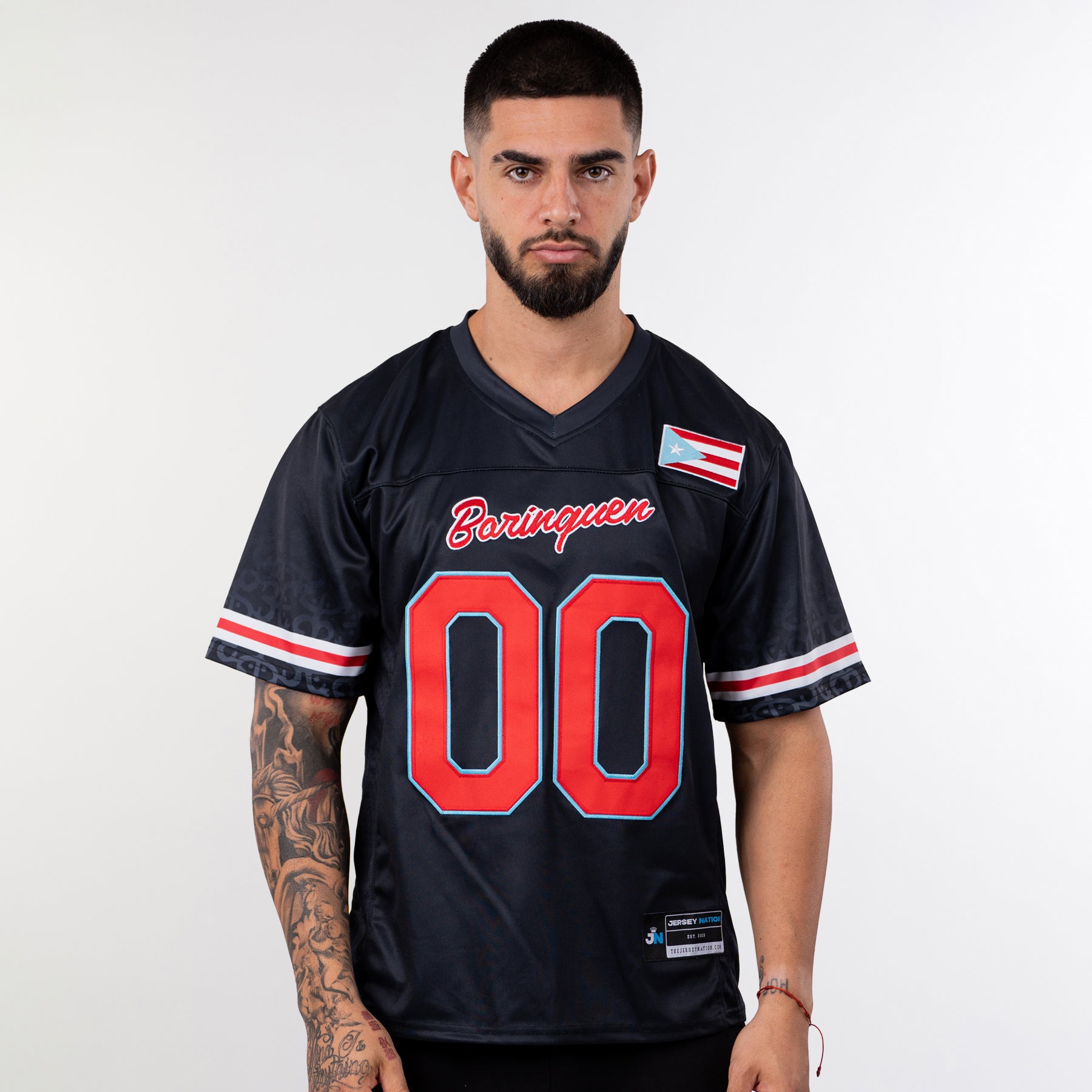 Puerto Rico Borinquen Heritage Custom American Football Black Azul Celeste Jersey Model Front