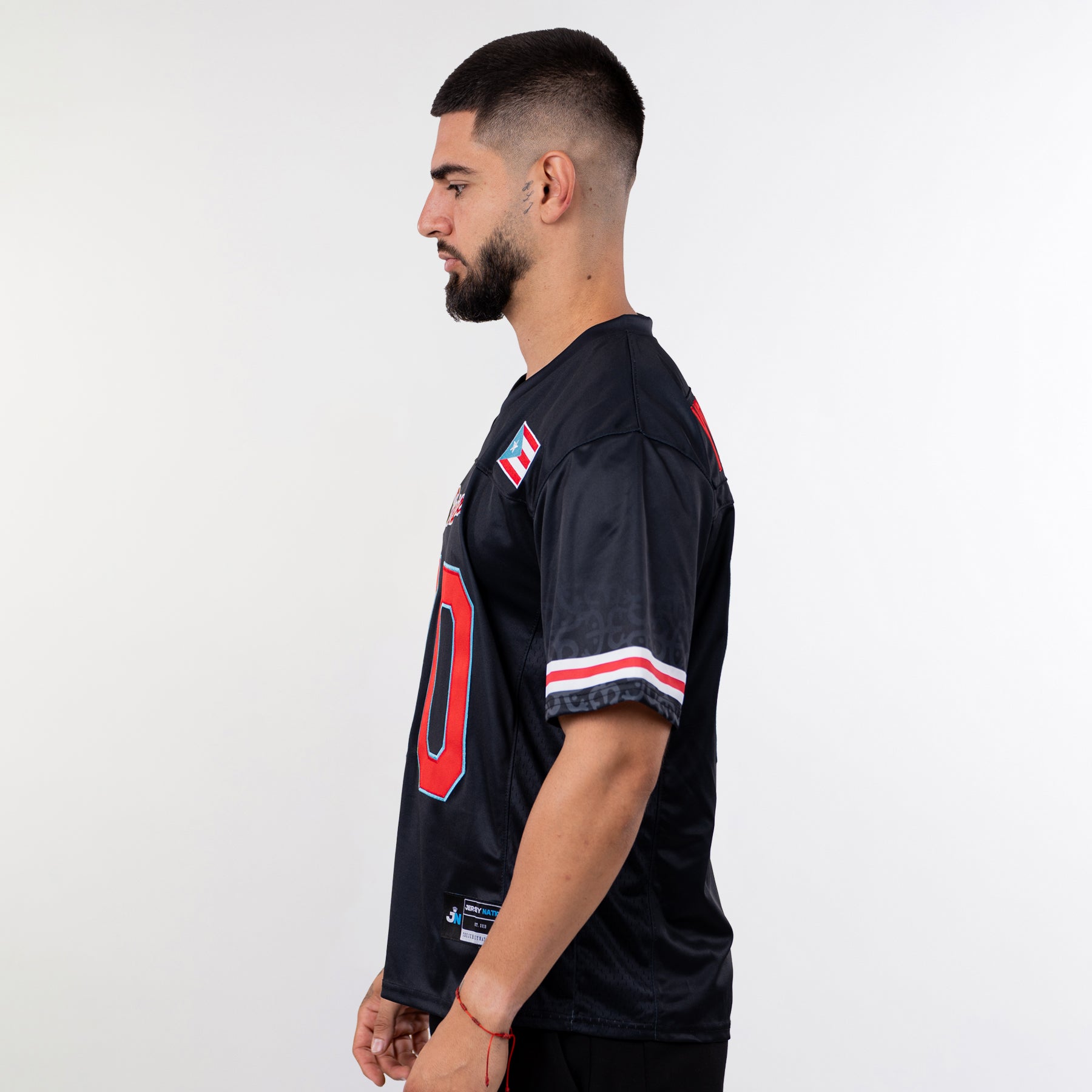 Puerto Rico Borinquen Heritage Custom American Football Black Azul Celeste Jersey Model Side