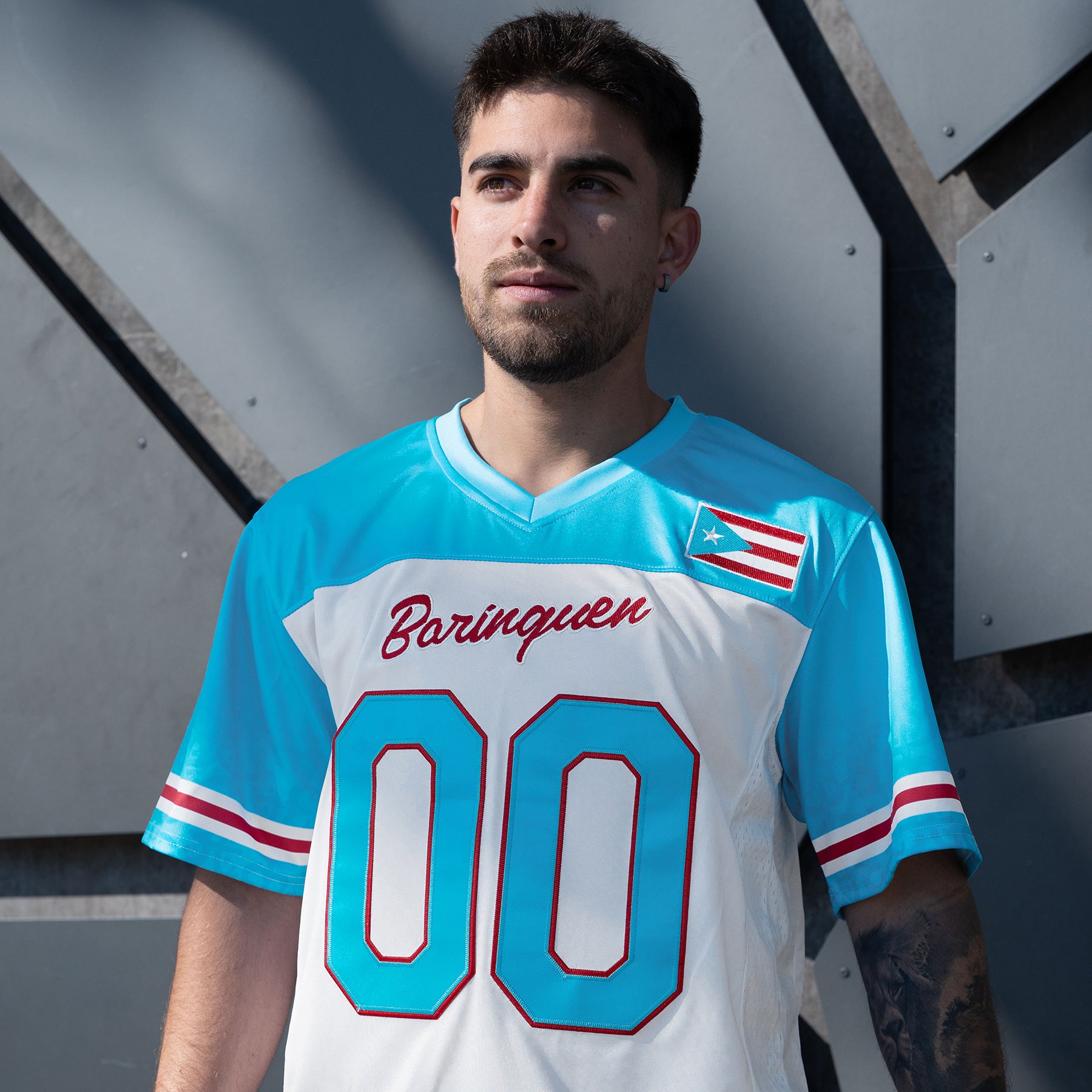 Puerto Rico White Azul Celeste Heritage Custom American Football Jersey Model Closeup