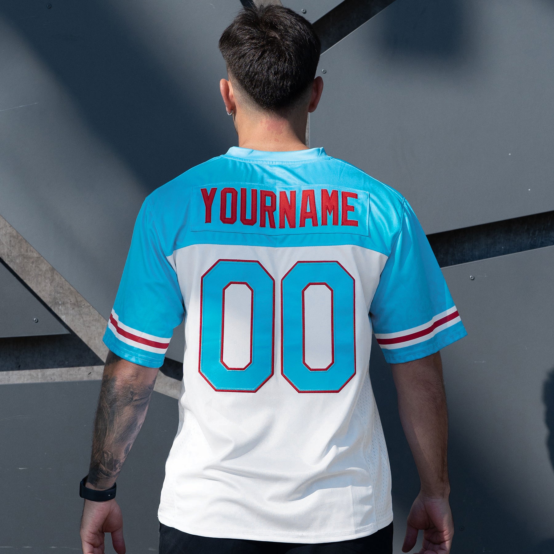 Puerto Rico White Azul Celeste Heritage Custom American Football Jersey Model Closeup Back Customized