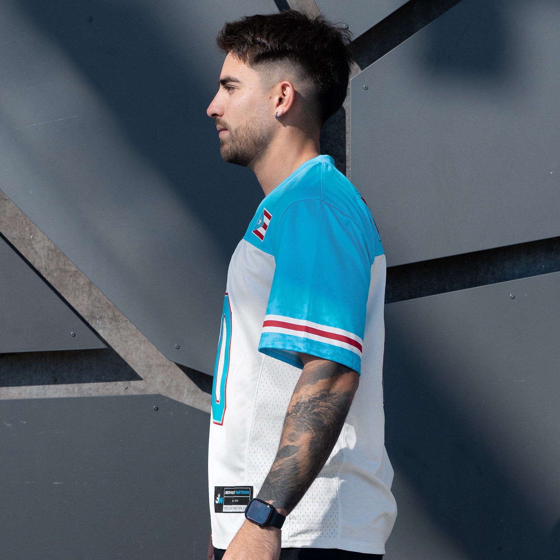 Puerto Rico White Azul Celeste Heritage Custom American Football Jersey Model Closeup Sleeves