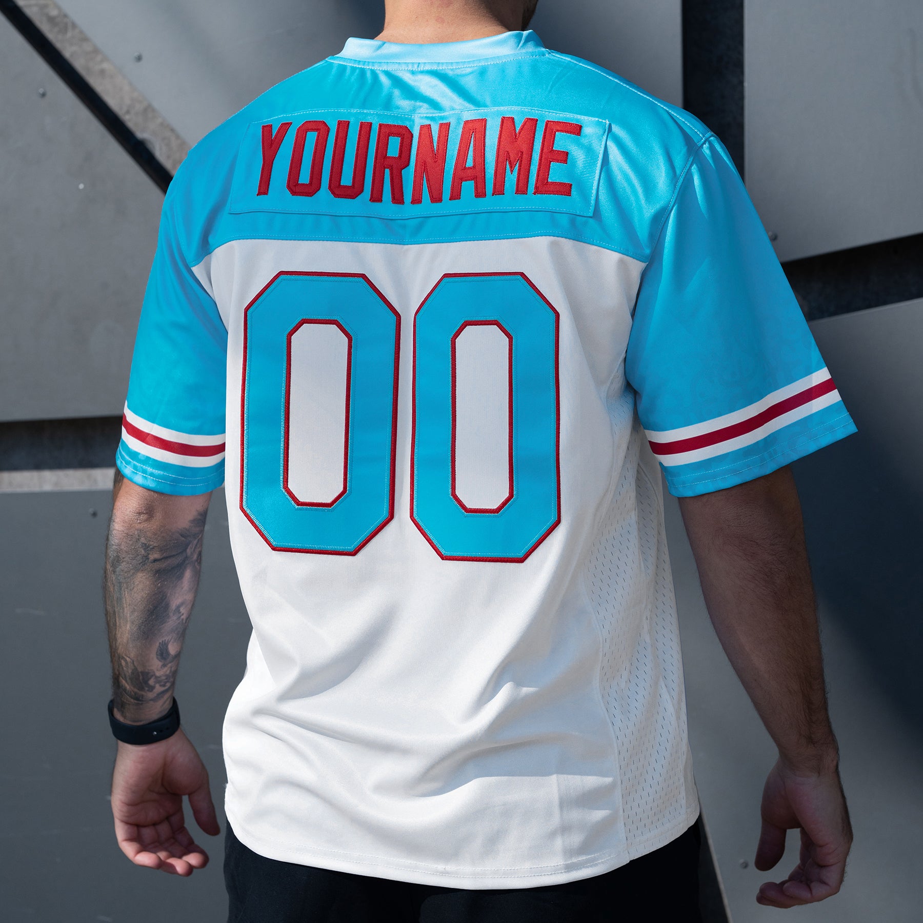 Puerto Rico White Azul Celeste Heritage Custom American Football Jersey Model Closeups Back Customized