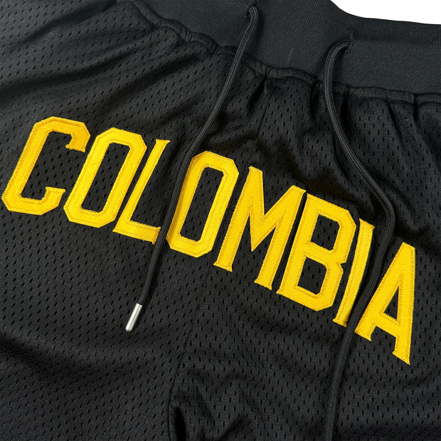 Colombia Heritage Black Basketball Shorts Embroidered Closeup Front