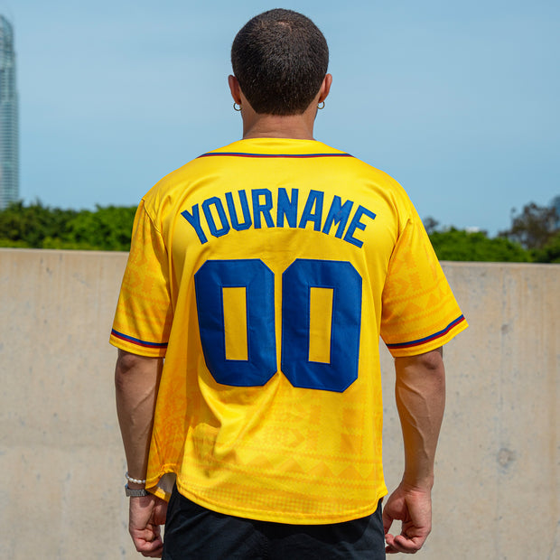 Colombia Heritage Custom Yellow Baseball Jersey Model Closeup Back Customized Embroidered