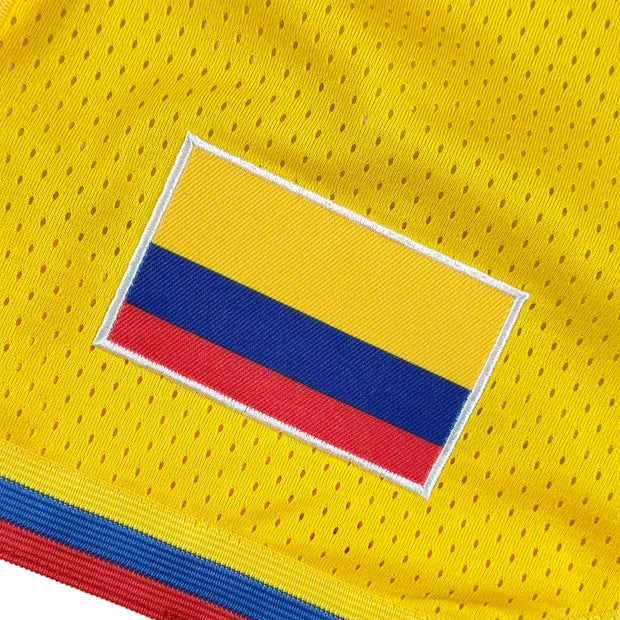 Colombia Heritage Yellow Basketball Shorts Embroidered Closeup