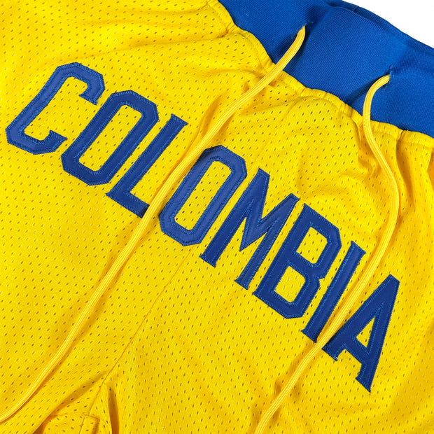 Colombia Heritage Yellow Basketball Shorts Stitched Closeups Font