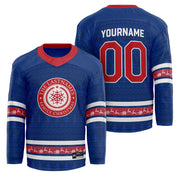 Custom Family Christmas Hockey Jersey in blue personalized last name on front, custom name and number on back. holiday matching outfit