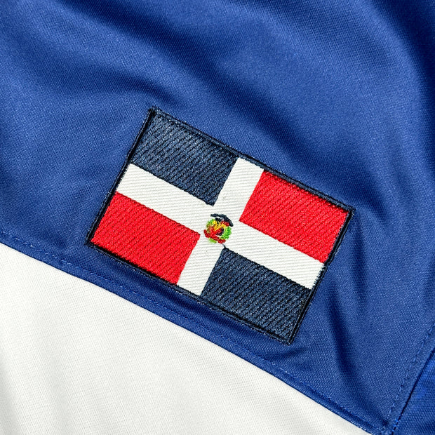Dominican Republic Heritage White and Blue Custom American Football Jersey Embroidered Closeup Flag