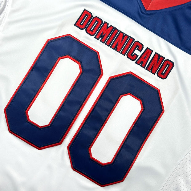Dominican Republic Heritage White and Blue Custom American Football Jersey Embroidered Closeup Front