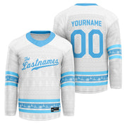 Family Christmas Custom Hockey Jersey Xmas Sweaters White and Blue