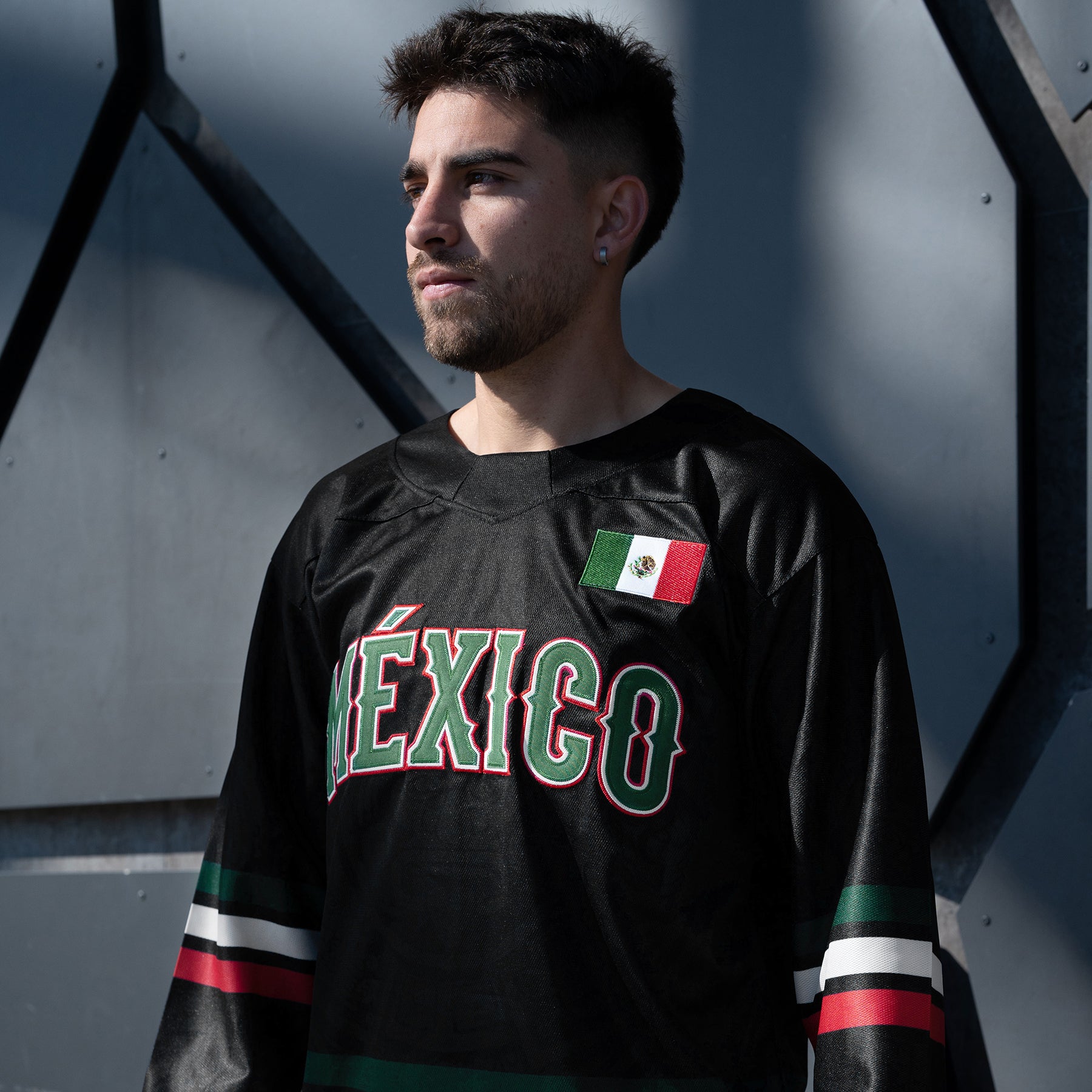 Mexico Heritage Black Custom Hockey Jersey Model Styling Closeup