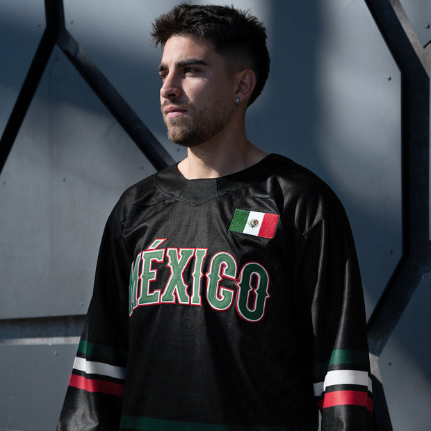Mexico Heritage Black Custom Hockey Jersey Model Styling Closeup