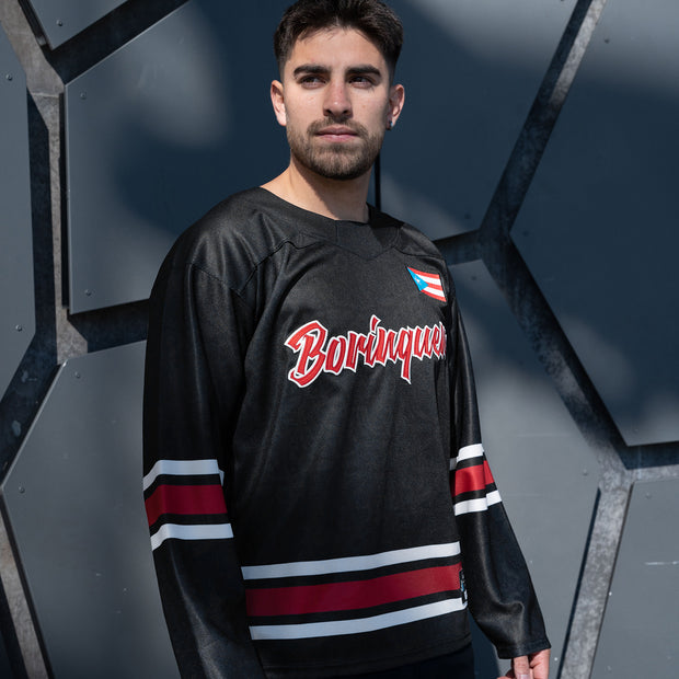 Puerto Rico Black Azul Celeste Heritage Custom Hockey Black Jersey Model Styling Side