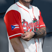 Puerto Rico 'Flor de Maga' Borinquen Custom White Baseball Jersey Model Sleeves Closeup