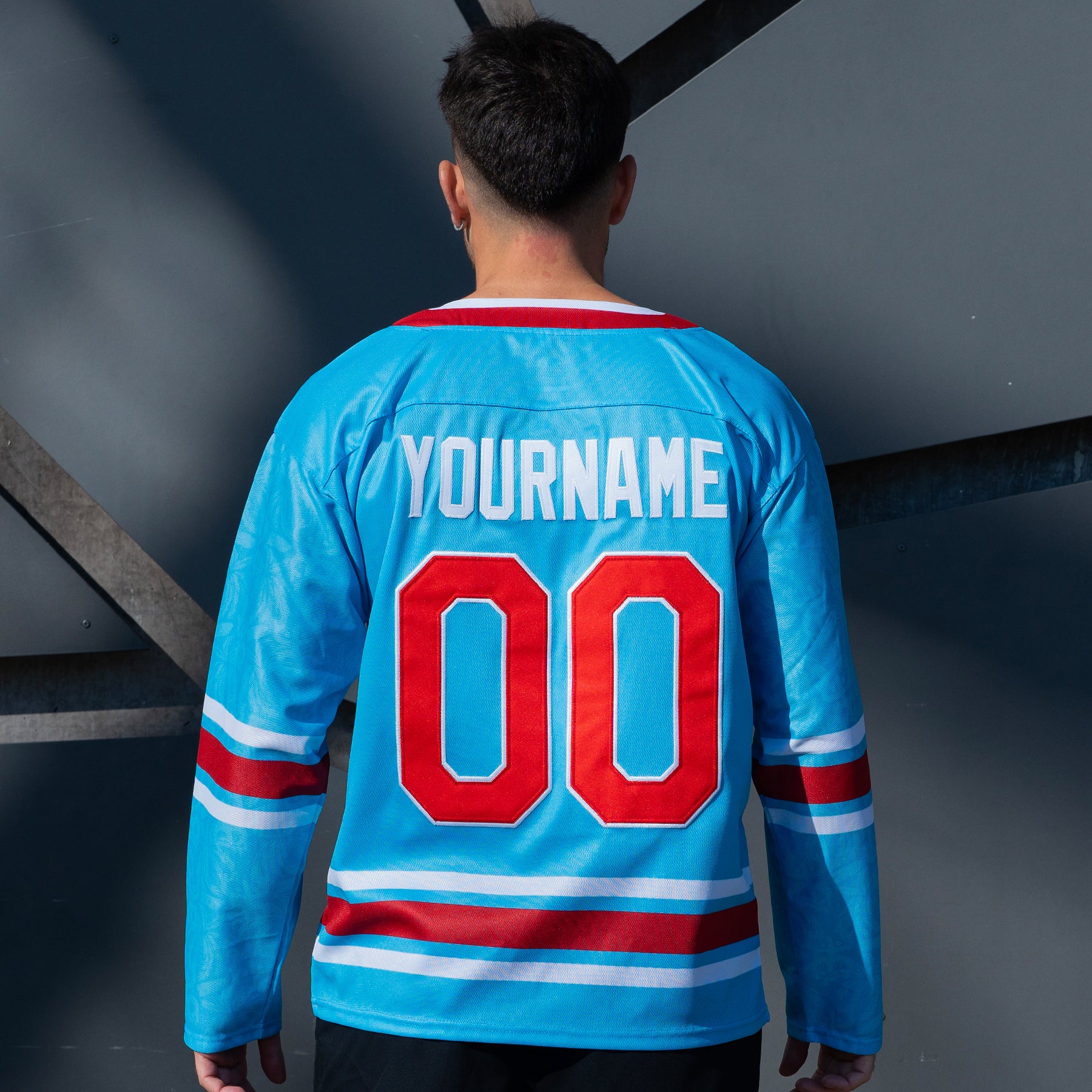 Puerto Rico Heritage Azul Celeste Custom Hockey Jersey Model Back Customized