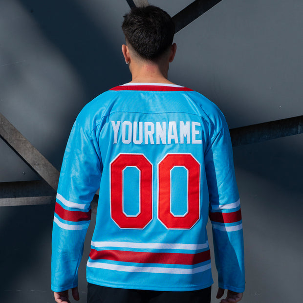 Puerto Rico Heritage Azul Celeste Custom Hockey Jersey Model Back Customized