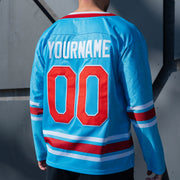 Puerto Rico Heritage Azul Celeste Custom Hockey Jersey Model Closeups Back