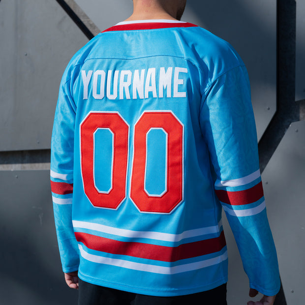Puerto Rico Heritage Azul Celeste Custom Hockey Jersey Model Closeups Back