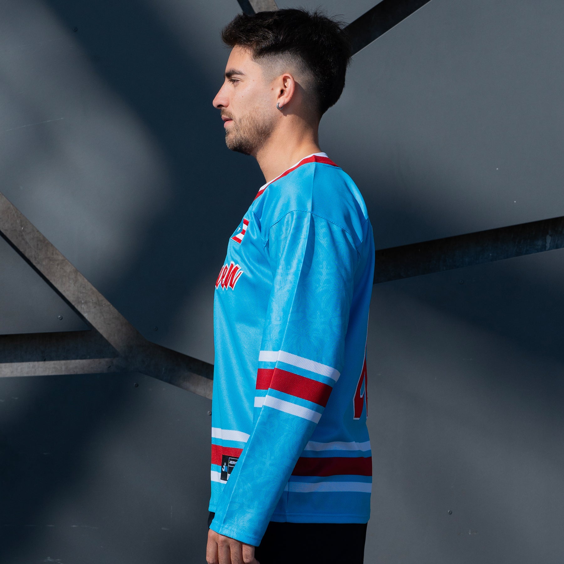 Puerto Rico Heritage Azul Celeste Custom Hockey Jersey Model Sleeves