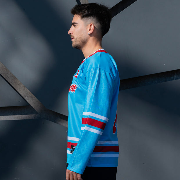 Puerto Rico Heritage Azul Celeste Custom Hockey Jersey Model Sleeves