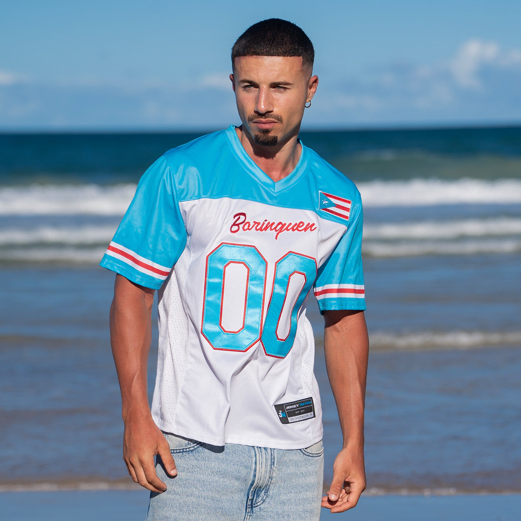Puerto Rico Heritage Custom Football Jersey Azul Celeste Lifestyle Photo