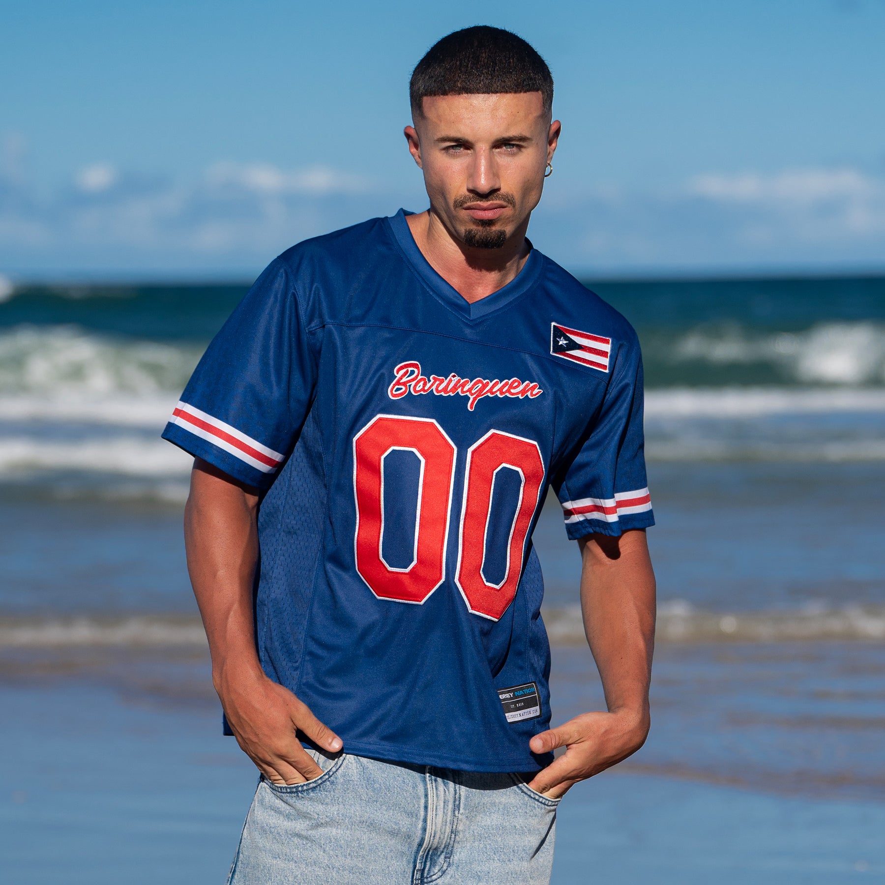 Puerto Rico Heritage Custom Football Jersey Navy Blue Lifestyle Photo