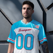 Puerto Rico White Azul Celeste Heritage Custom American Football Jersey Model Closeup