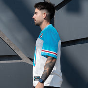 Puerto Rico White Azul Celeste Heritage Custom American Football Jersey Model Closeup Sleeves