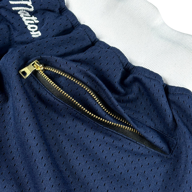 USA Navy Blue Heritage Basketball Shorts Embroidered Closeup Back Pockets