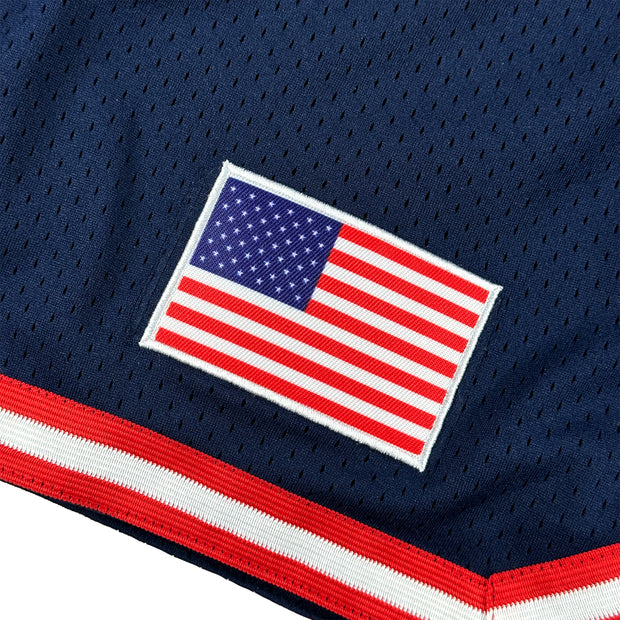 USA Navy Blue Heritage Basketball Shorts Embroidered Closeup Flag