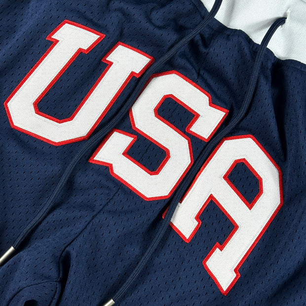 USA Navy Blue Heritage Basketball Shorts Stitched Closeup Front